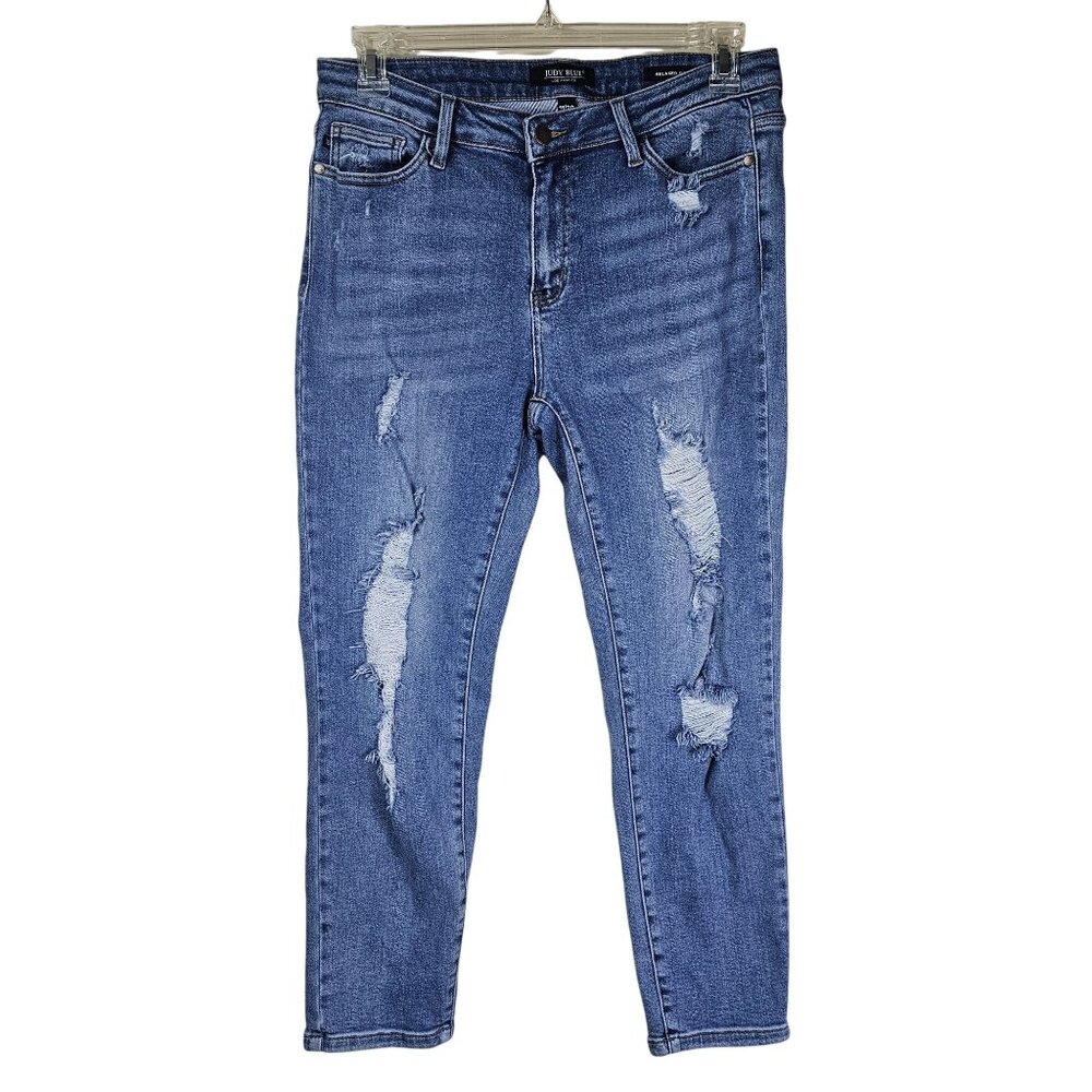 Judy Blue Mid Rise Blue Jeans 30 Relaxed Fit Distressed Stretch Tapered Casual